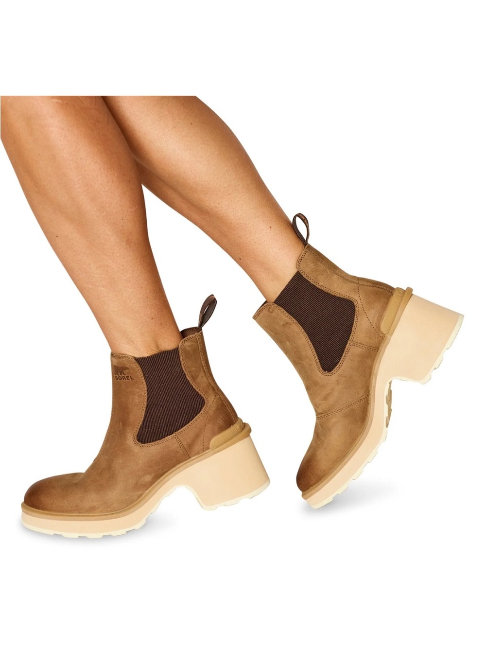 Sorel Women's Tan Suede Chelsea Lug Boot with Dark Brown Elastic Panels
